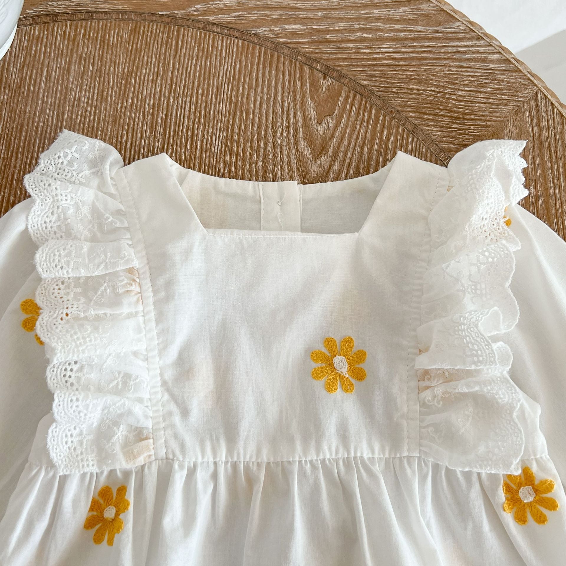 Baby Floral Embroidered Pattern Ruffle Design Square Collar Onesie