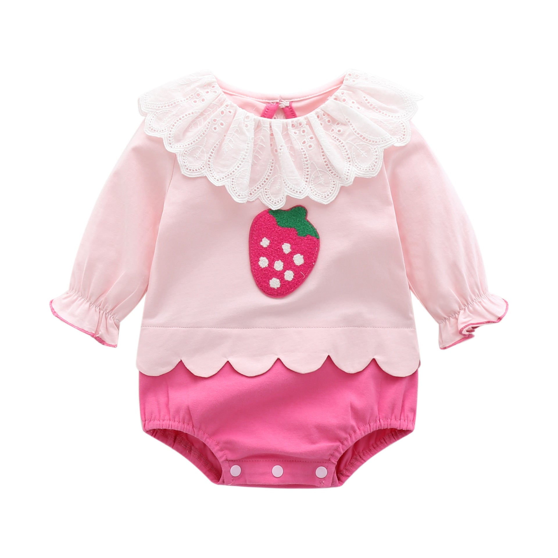 Baby Girl 1pcs Strawberry Pattern Mesh Ruffle Neck Patchwork Onesies Bodysuit My Kids-USA