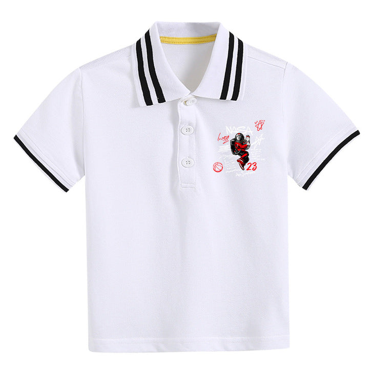 Baby Boy Hip Hop Astronaut Print Polo Collar Preppy Style Short-Sleeved Tee Shirt With Button