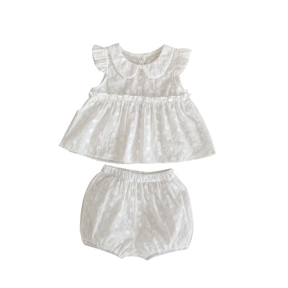 Summer Baby Suit Girl Baby All-Match Jacquard Flying Sleeve Doll Shirt Top + Lantern Shorts Two-Piece Set