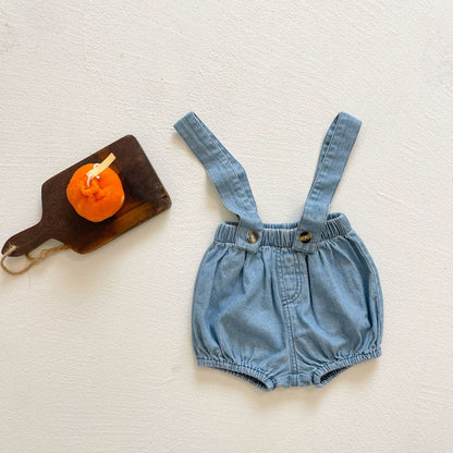 Baby Girl Solid Color Denim Fabric Strap Sling Shorts Rompers In Summer