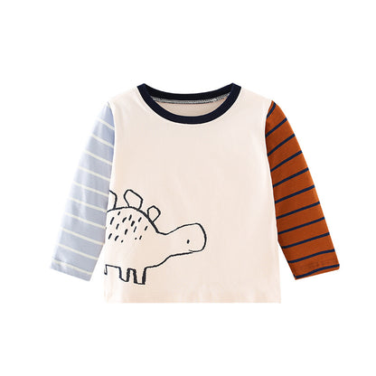 Camisa de algodón con diseño de manga a rayas y estampado de dinosaurio para bebé niño 