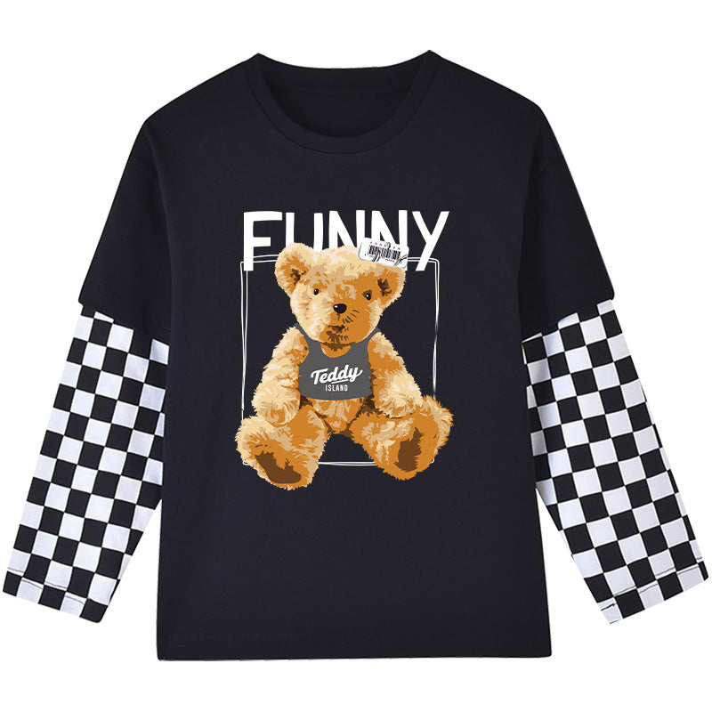 Baby Boy Bear Graphic Checkerboard Sleeve Patchwork Design Shirt