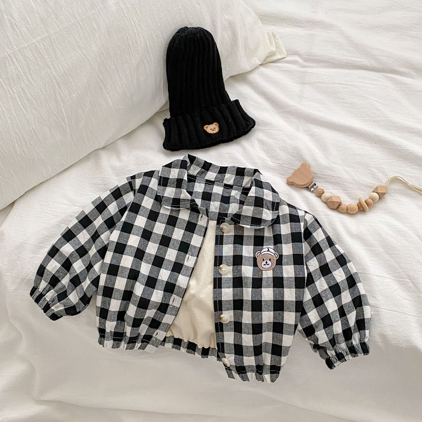 Baby Checkerboard Pattern Bear Patched Design Coat