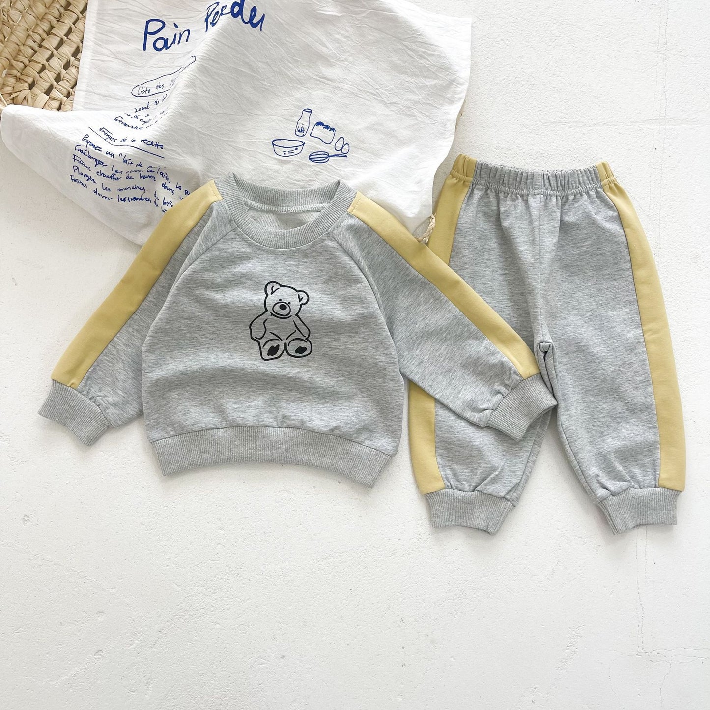 Infant Baby Unisex Bear Print Round Collar Top Combo Long Pants In Sets