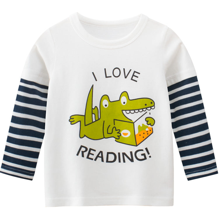 Boys I Love Reading With Photo Print Long-Sleeved Round Collar Shirt