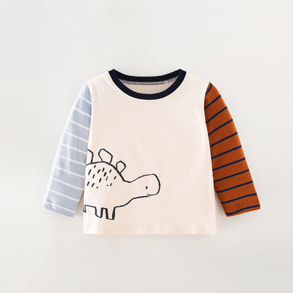 Camisa de algodón con diseño de manga a rayas y estampado de dinosaurio para bebé niño 