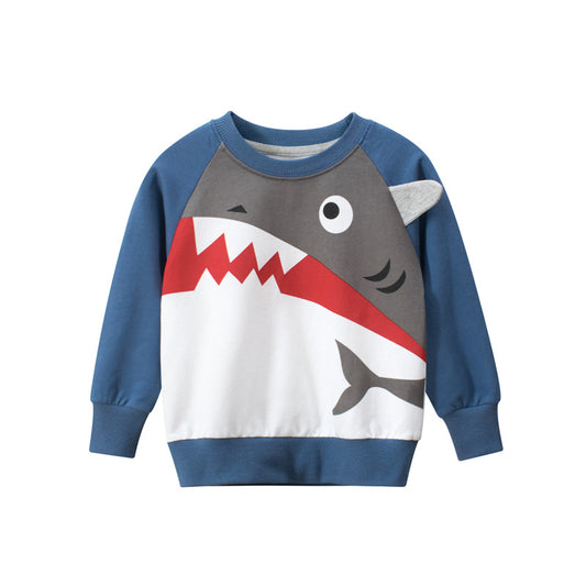 Baby Boy Shark Graphic Contrast Design Long Sleeved O-Neck Pullover Hoodies
