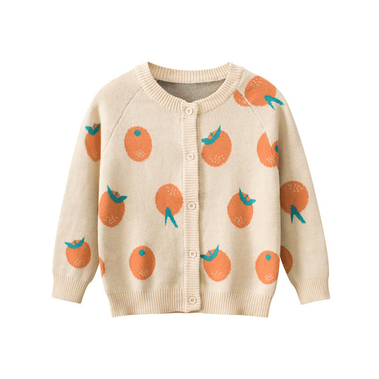 Baby Girl Orange Graphic Single Breasted Design Crewneck Cardigan My Kids-USA