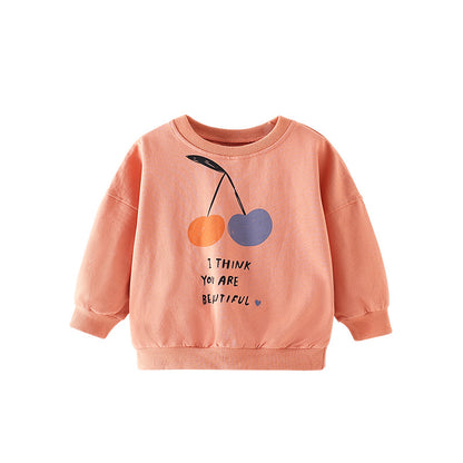 Baby Girl Cherry And Slogan Print Pattern Long Sleeve Hoodie