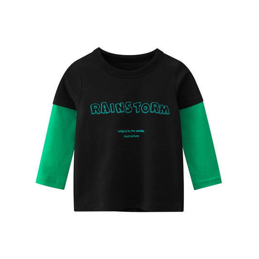 Boys Black Green Contrast Rainstorm Letter Print Long-Sleeved Shirt