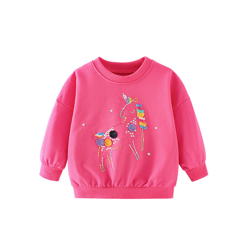 Baby Girl Colorful Unicorn Embroidered Design O-Neck Hoodie