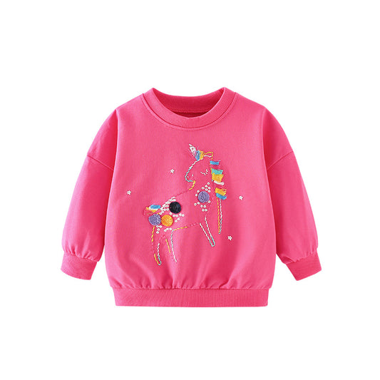 Baby Girl Colorful Unicorn Embroidered Design O-Neck Hoodie