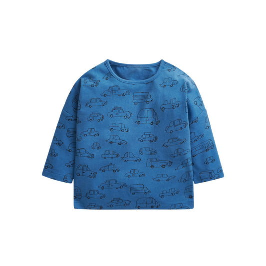 Baby Boy Print Pattern Solid Blue Long Sleeve Cotton Shirt
