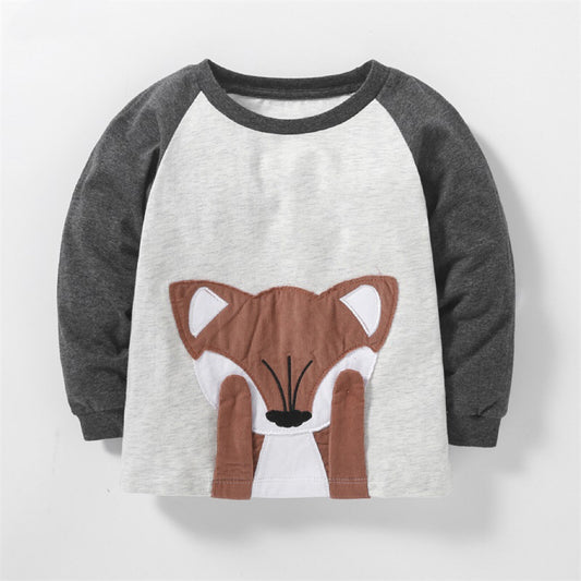Baby Boy Cartoon Fox Patched Pattern Color Matching Sleeve Pullover Shirt