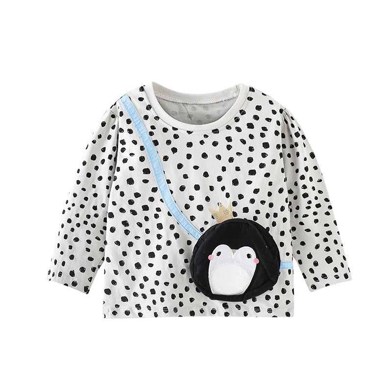 Bolso bandolera con diseño de pingüino falso con estampado de lunares para niña, camisa con diseño de patchwork 