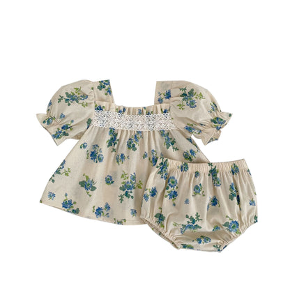 Baby Ditsy Flower Graphic Mesh Patchwork Design Square Neck Sets
