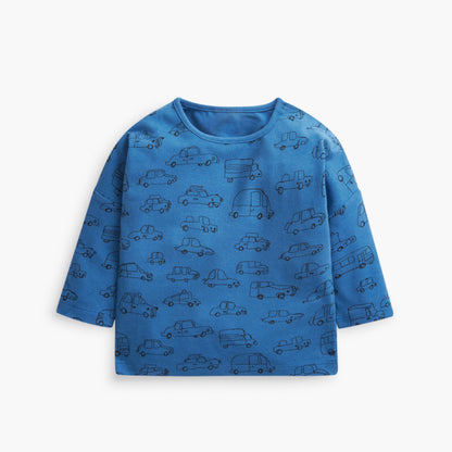 Baby Boy Print Pattern Solid Blue Long Sleeve Cotton Shirt