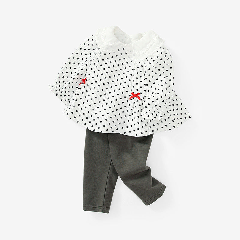Chemise à revers de style doux à motif de pois pour bébé fille avec des ensembles de pantalons solides 