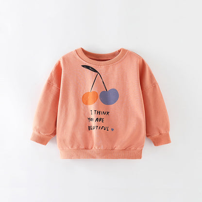 Baby Girl Cherry And Slogan Print Pattern Long Sleeve Hoodie