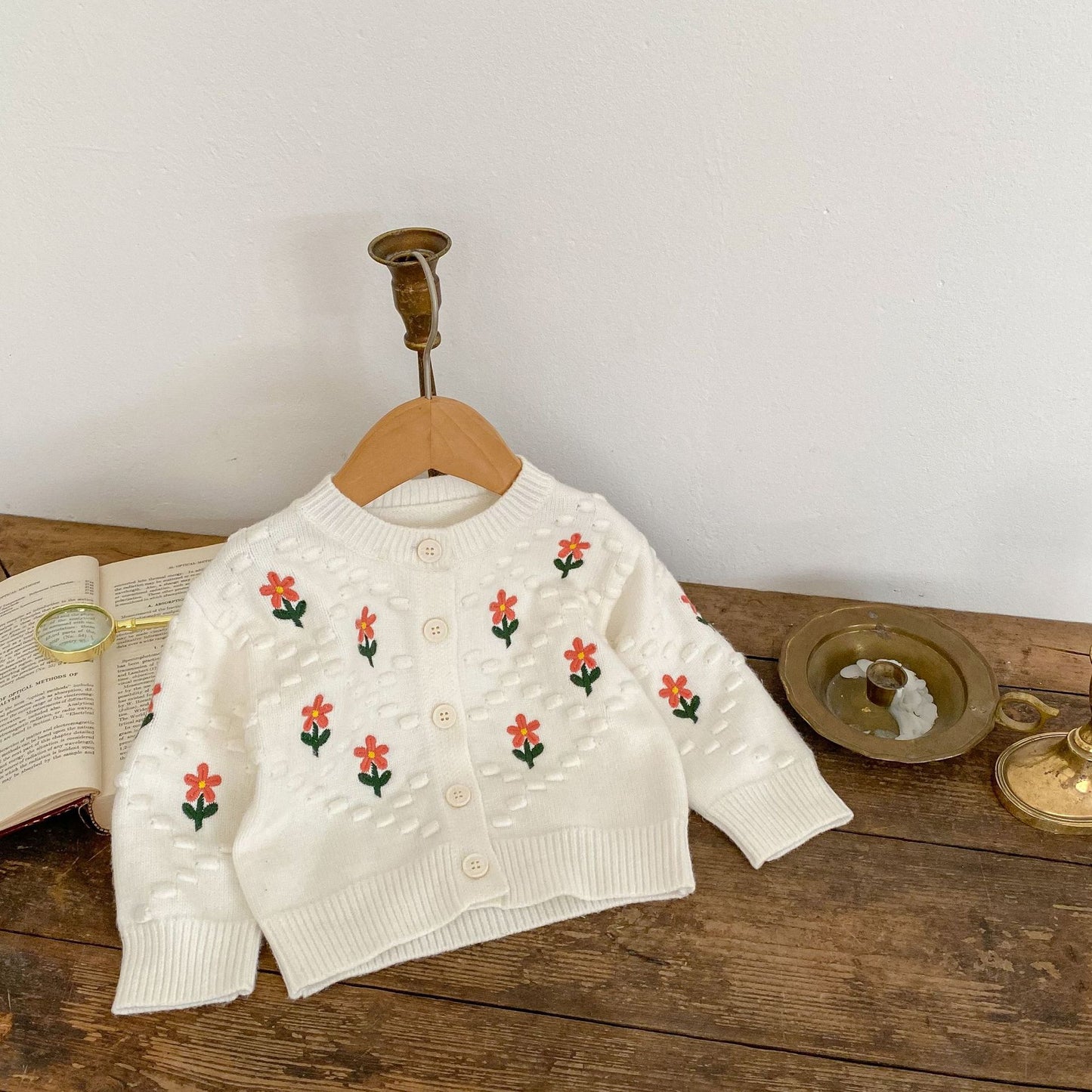 Baby Girl Flower Embroidered Pattern Thickened Knit Single Breasted Design Cardigan My Kids-USA