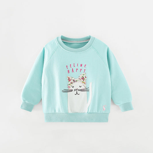 Baby Girl Cute Cat Embroidered Pattern Long Sleeve Pullover Hoodie