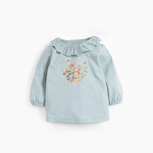 Baby Girl Embroidered Pattern Ruffle Collar Design Cotton Tops