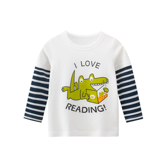 Boys I Love Reading With Photo Print Long-Sleeved Round Collar Shirt