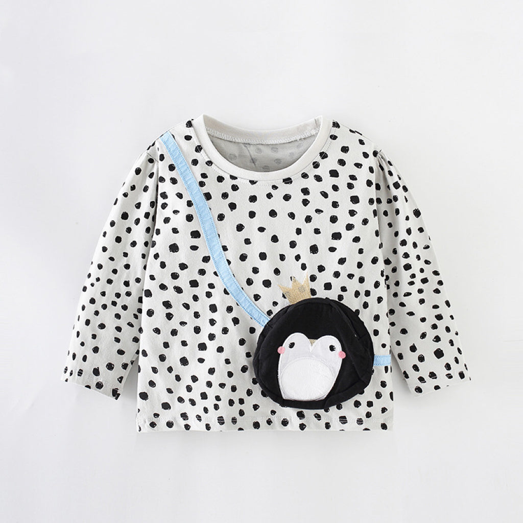 Bolso bandolera con diseño de pingüino falso con estampado de lunares para niña, camisa con diseño de patchwork 