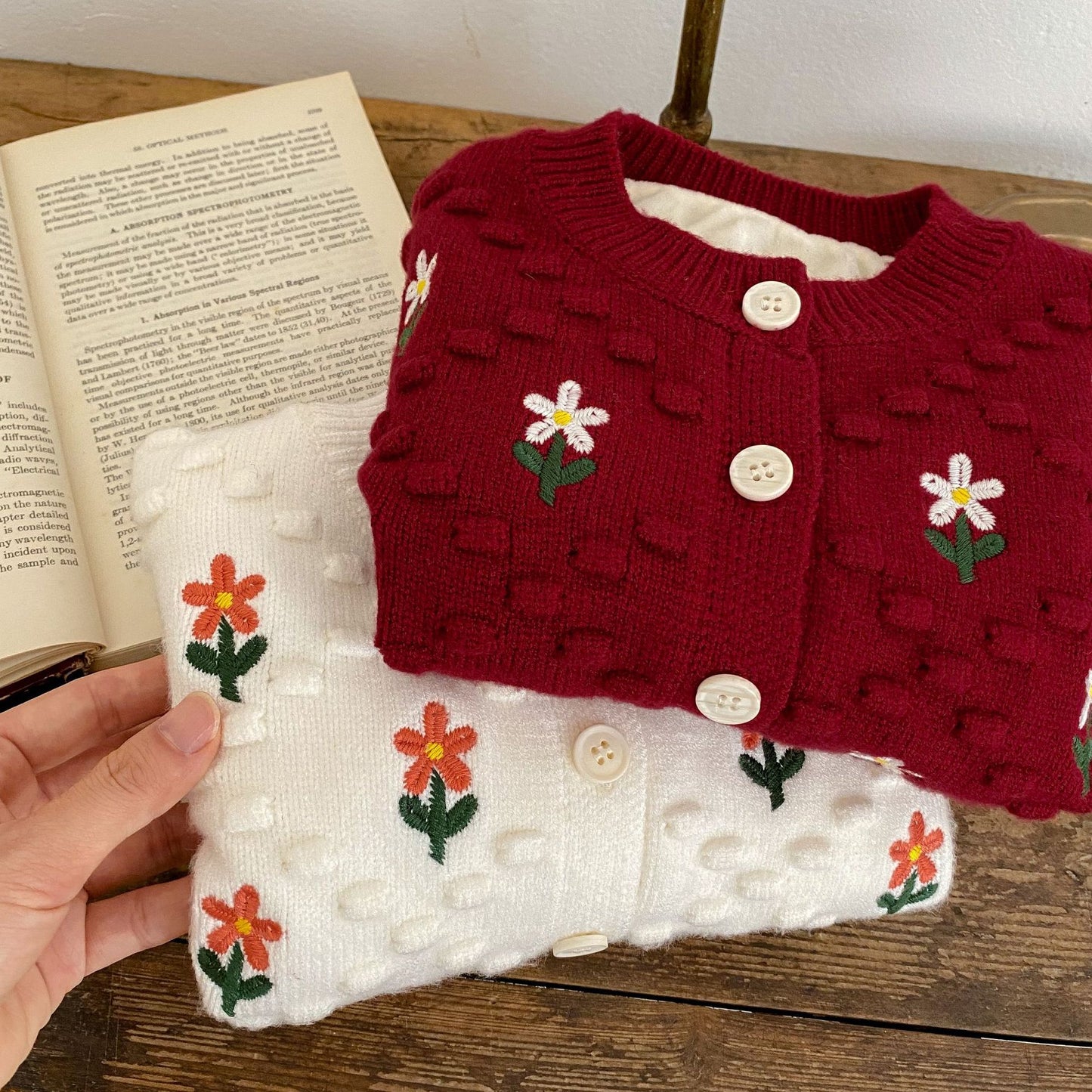 Baby Girl Flower Embroidered Pattern Thickened Knit Single Breasted Design Cardigan My Kids-USA