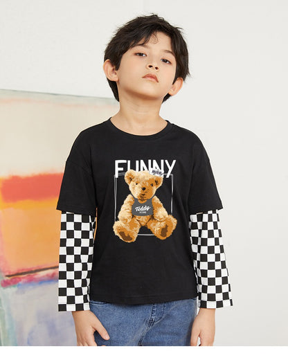 Baby Boy Bear Graphic Checkerboard Sleeve Patchwork Design Shirt