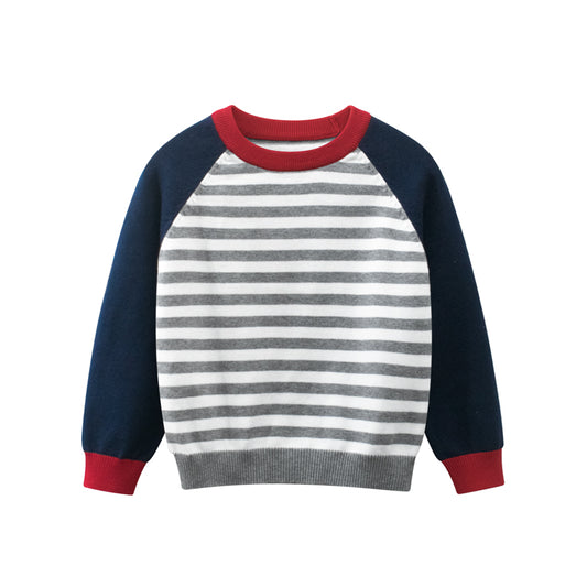 Boys Strips Contrast Colors Round Collar Knitwear