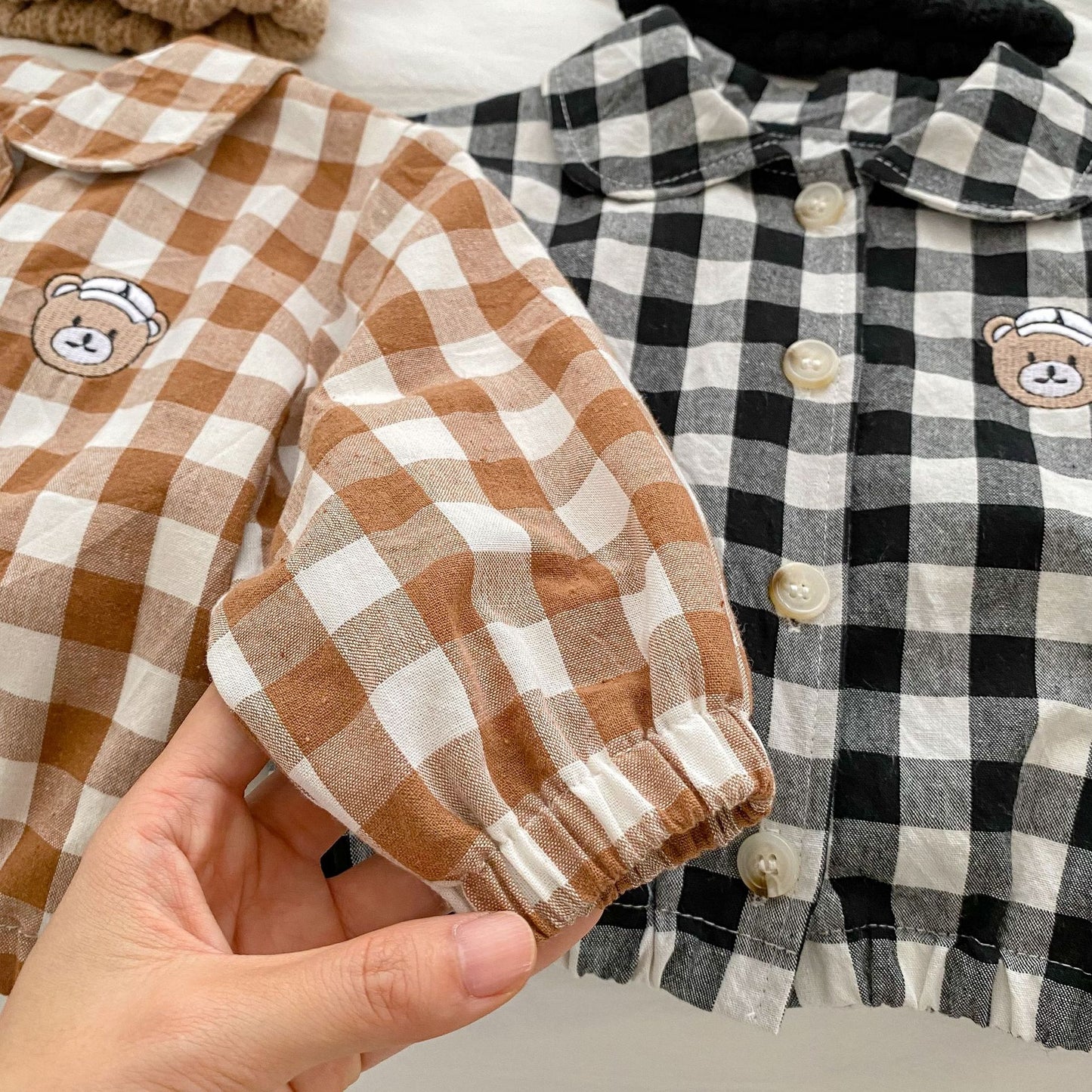Baby Checkerboard Pattern Bear Patched Design Coat