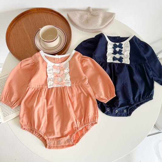 Baby Girl Lace Bow Decoration Solid Color Long Sleeves Bodysuit My Kids-USA